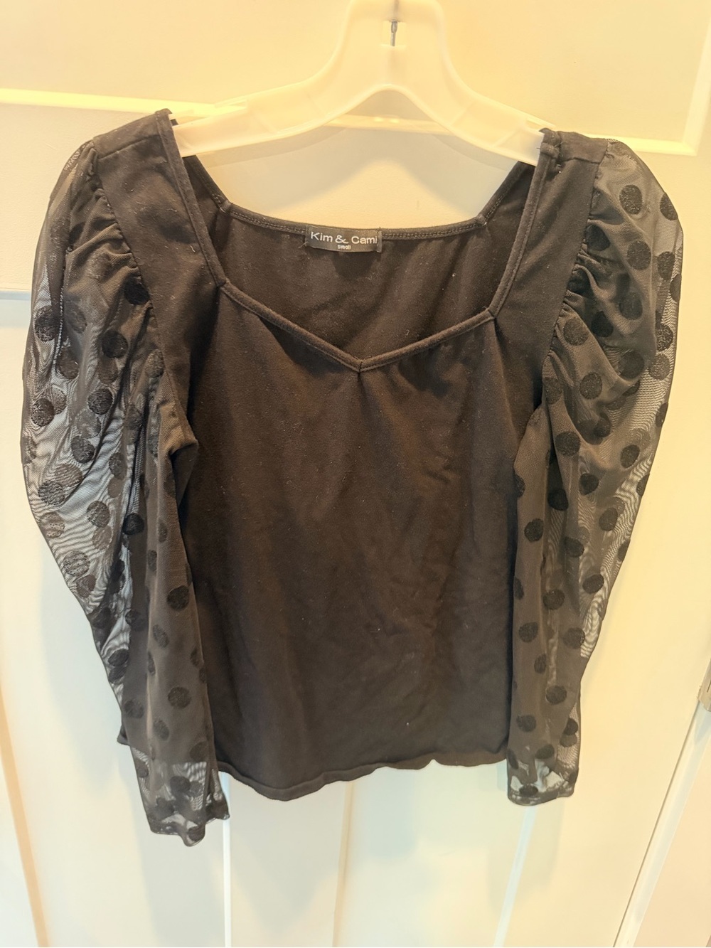 Kim & Cami Black Sheer Polka Dot Puff Sleeve Sweetheart Top Small